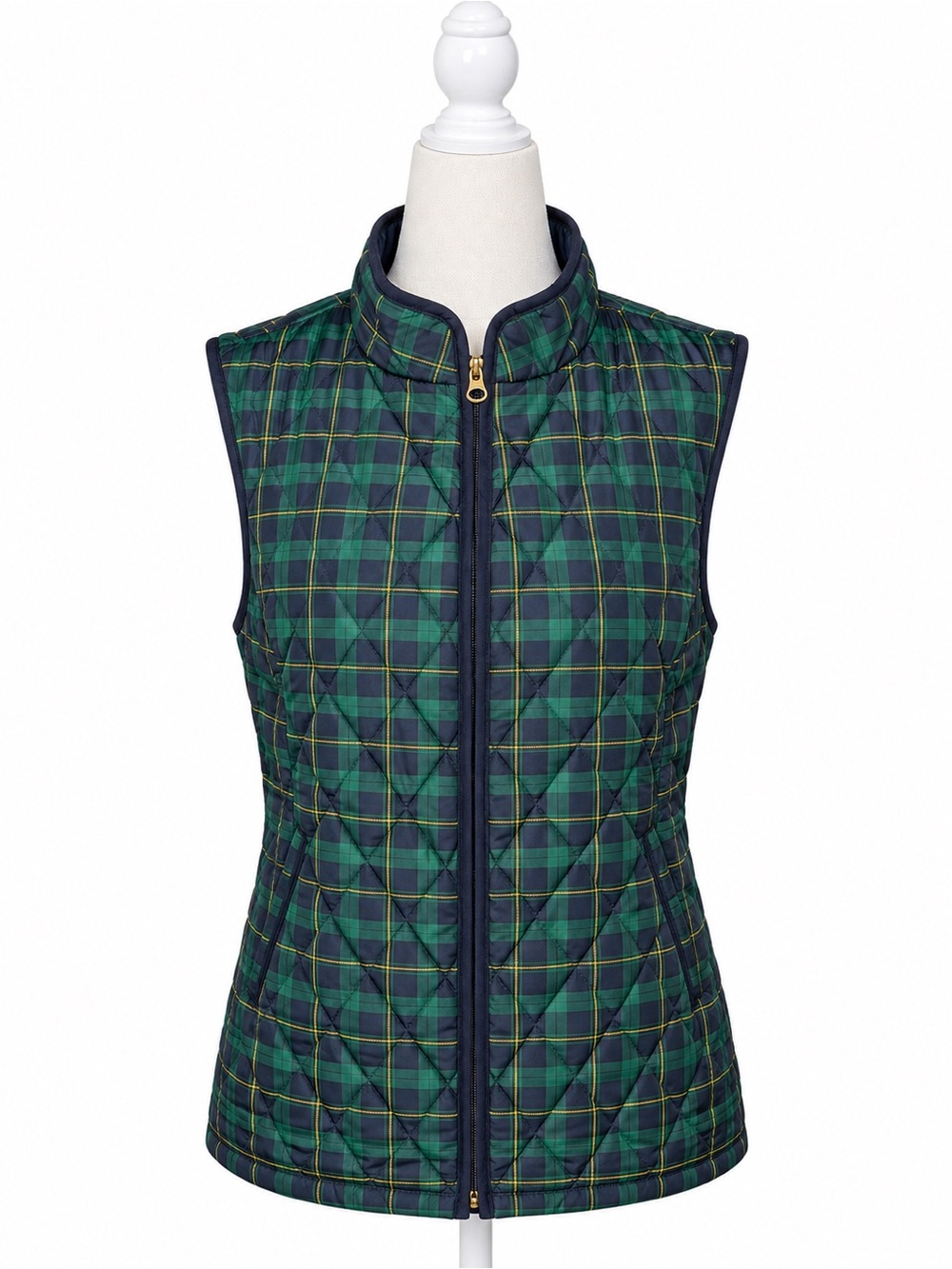 Croft & Barrow Plaid Quilted Vest Women S Green Navy Preppy Equestrian Full Zip
